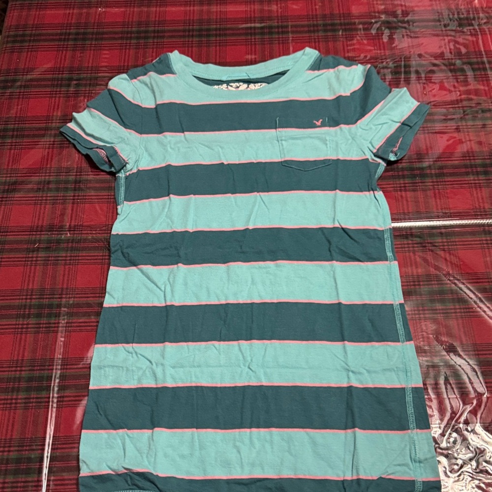 American Eagle Outfitters Teal and Pink Striped Kids Tee